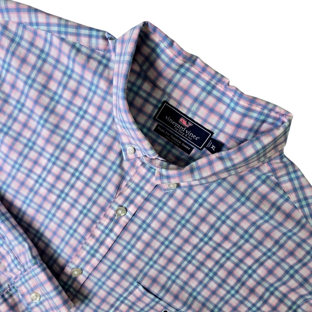 Vineyard Vines Tucker Shirt Mens XL Pink Blue Plaid Slim Fit Cotton Button Down
